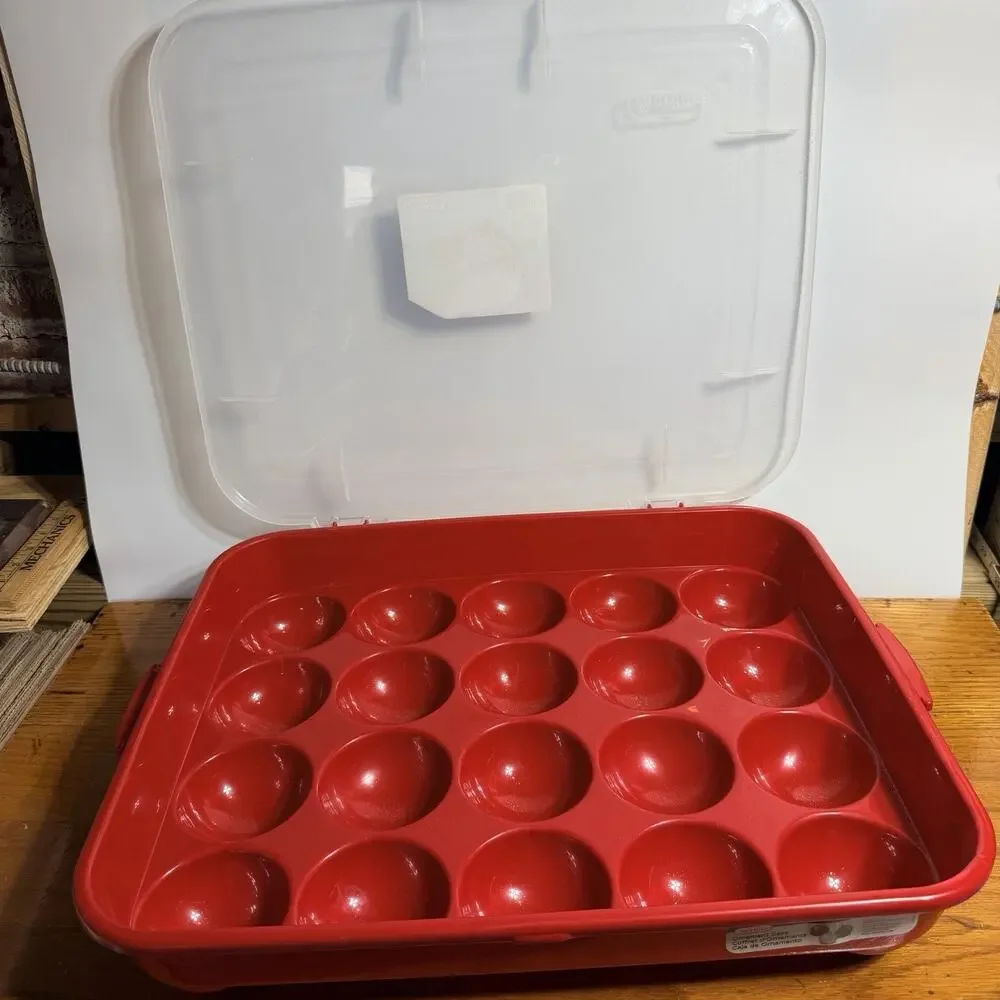 Red Sterilite Ornament Storage Box Case 20 Piece Hinged Lid Snap Closure 20